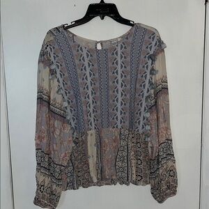 American Eagle Outfitters Tan and Blue Ruffled Long Sleeve Blouse